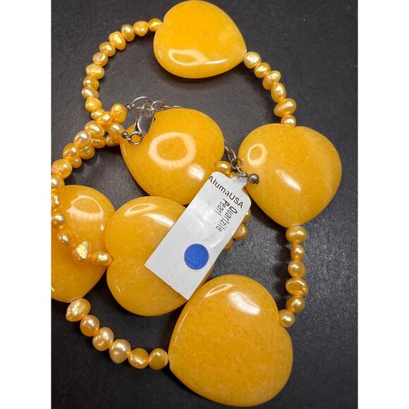 NEW yellow quartzite hearts and pearls necklace with sterling silver clasp - Picture 2 of 12